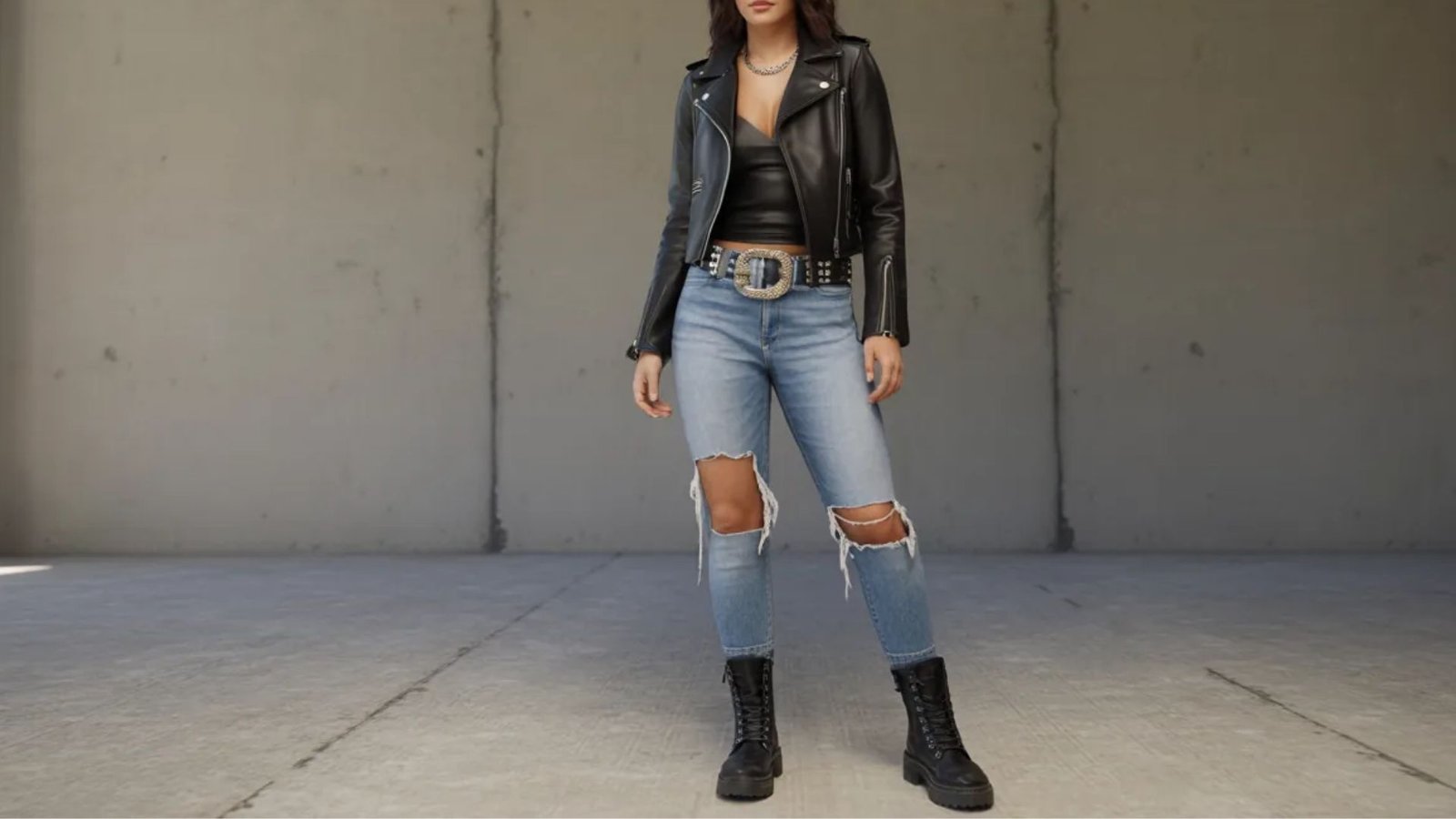 A woman in a leather jacket and ripped jeans exudes a cool, urban vibe, reflecting contemporary street style.