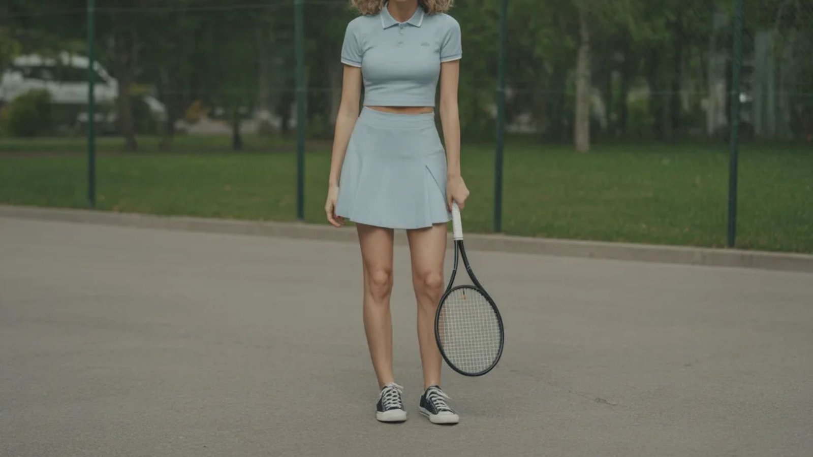 A woman in a blue dress stands holding a tennis racket, ready to play on a sunny court.