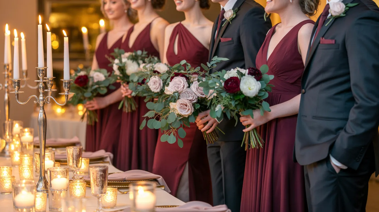 Bride and groomsmen in burgundy attire stand together in front of softly glowing candles, creating a warm atmosphere.
