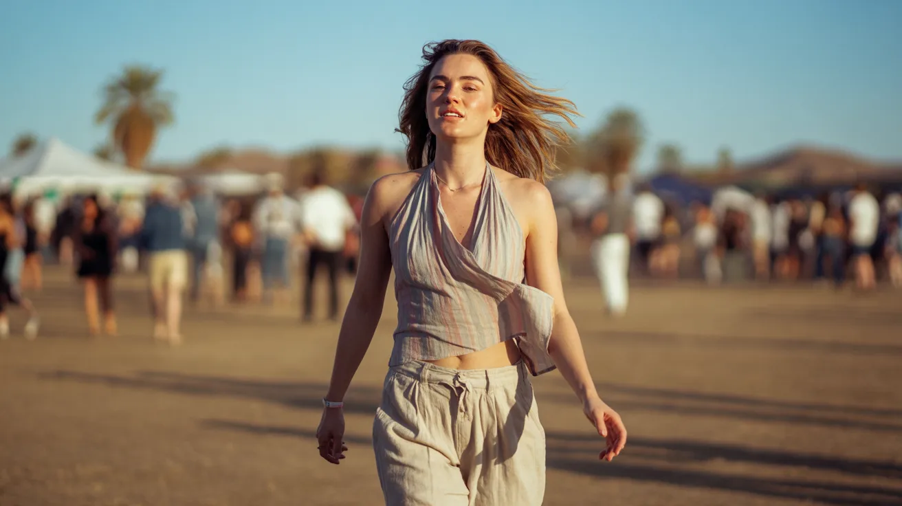 A woman walking through a vibrant field at a lively music festival, surrounded by colorful tents and fellow festival-goers.