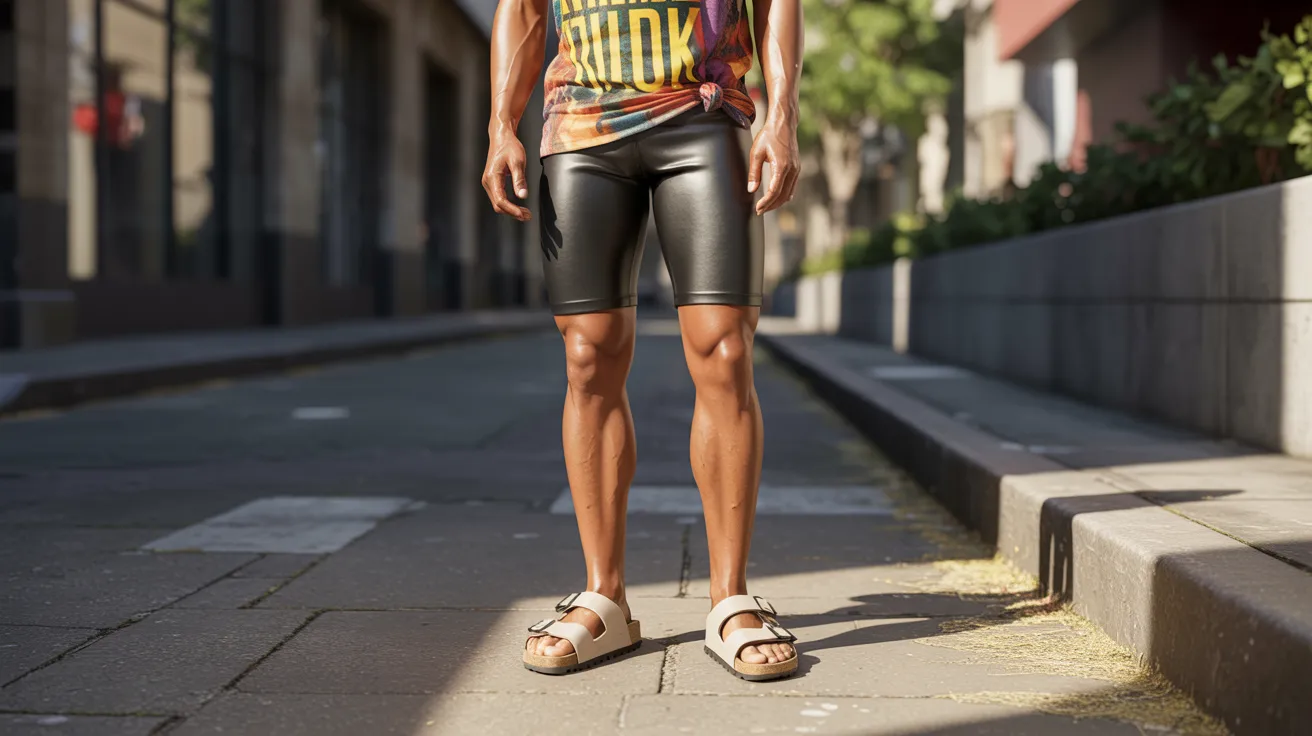  A man wearing leather shorts and a t-shirt stands confidently, showcasing a casual yet bold fashion choice.
