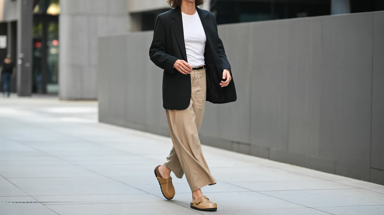 A woman in a white shirt and black blazer confidently walks down the street, surrounded by urban scenery.