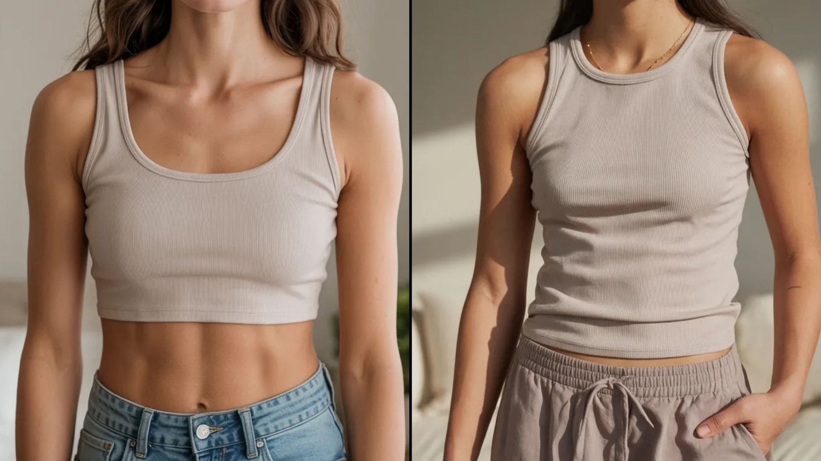Two women stand side by side, both wearing matching crop tops, showcasing a coordinated fashion choice.