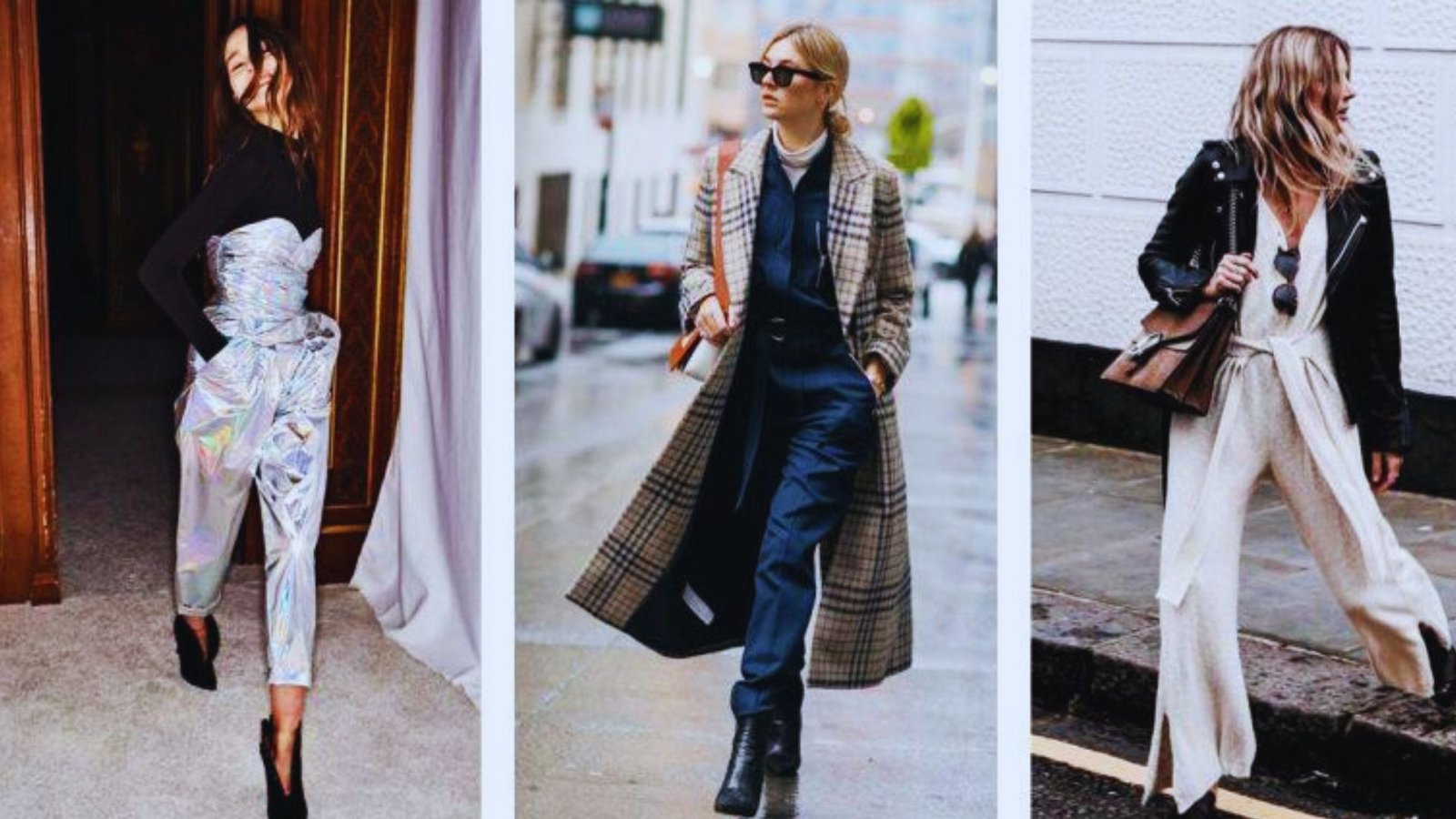 Three images of women in stylish coats and pants, showcasing outfit ideas for pairing with jumpsuits.