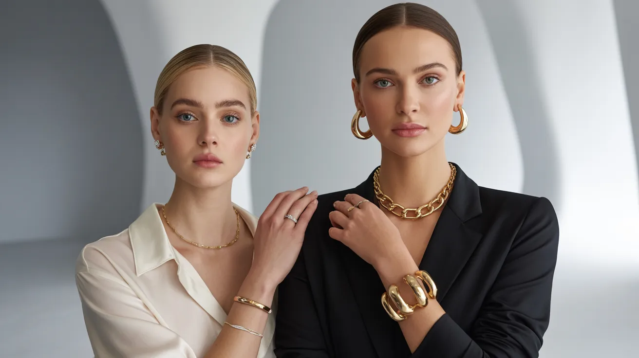 Two women adorned in gold jewelry pose together for the camera, smiling and showcasing their elegant accessories.