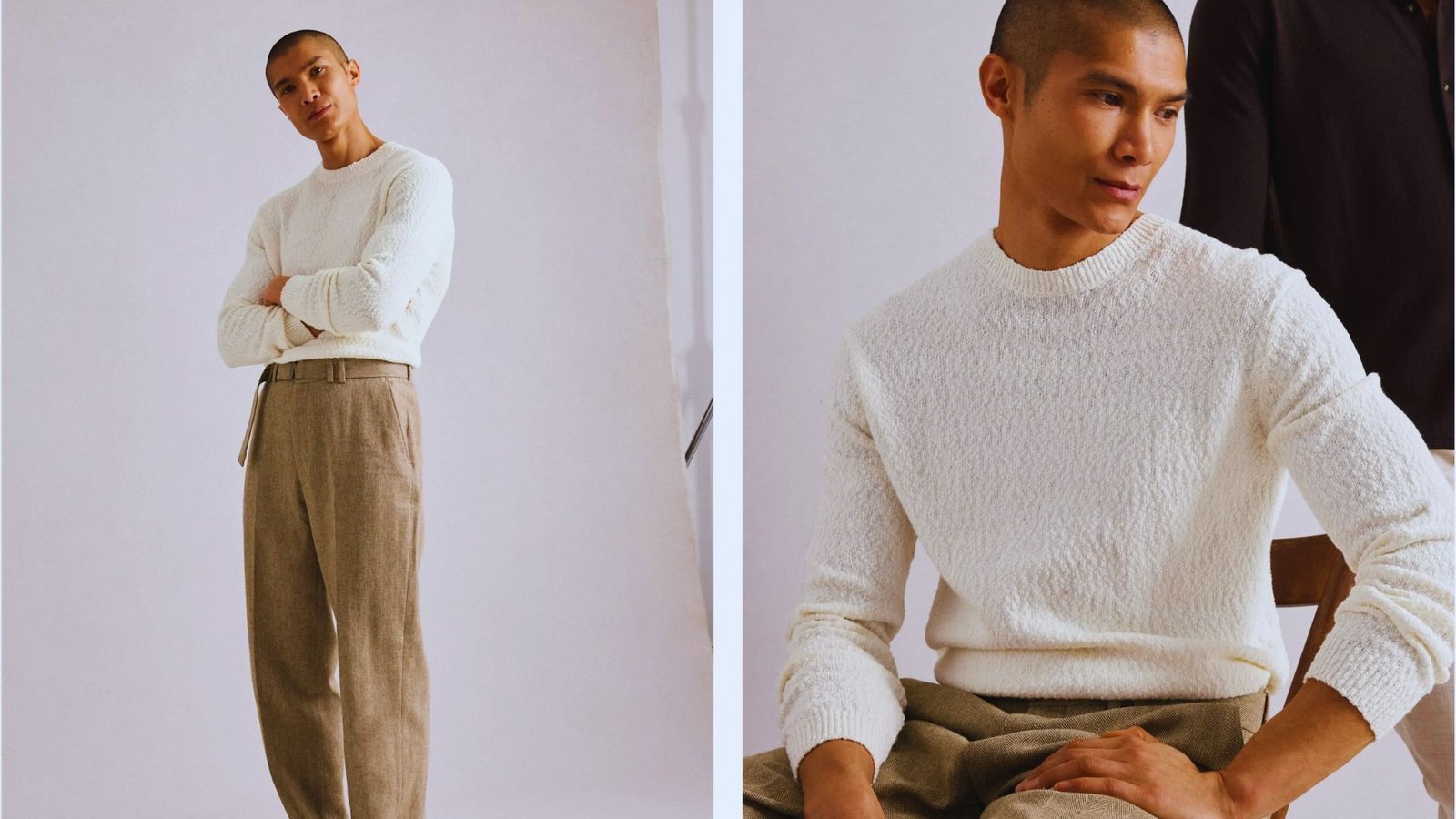  images featuring a man dressed in a white sweater and pants, highlighting a blend of tailored and relaxed streetwear styles.
