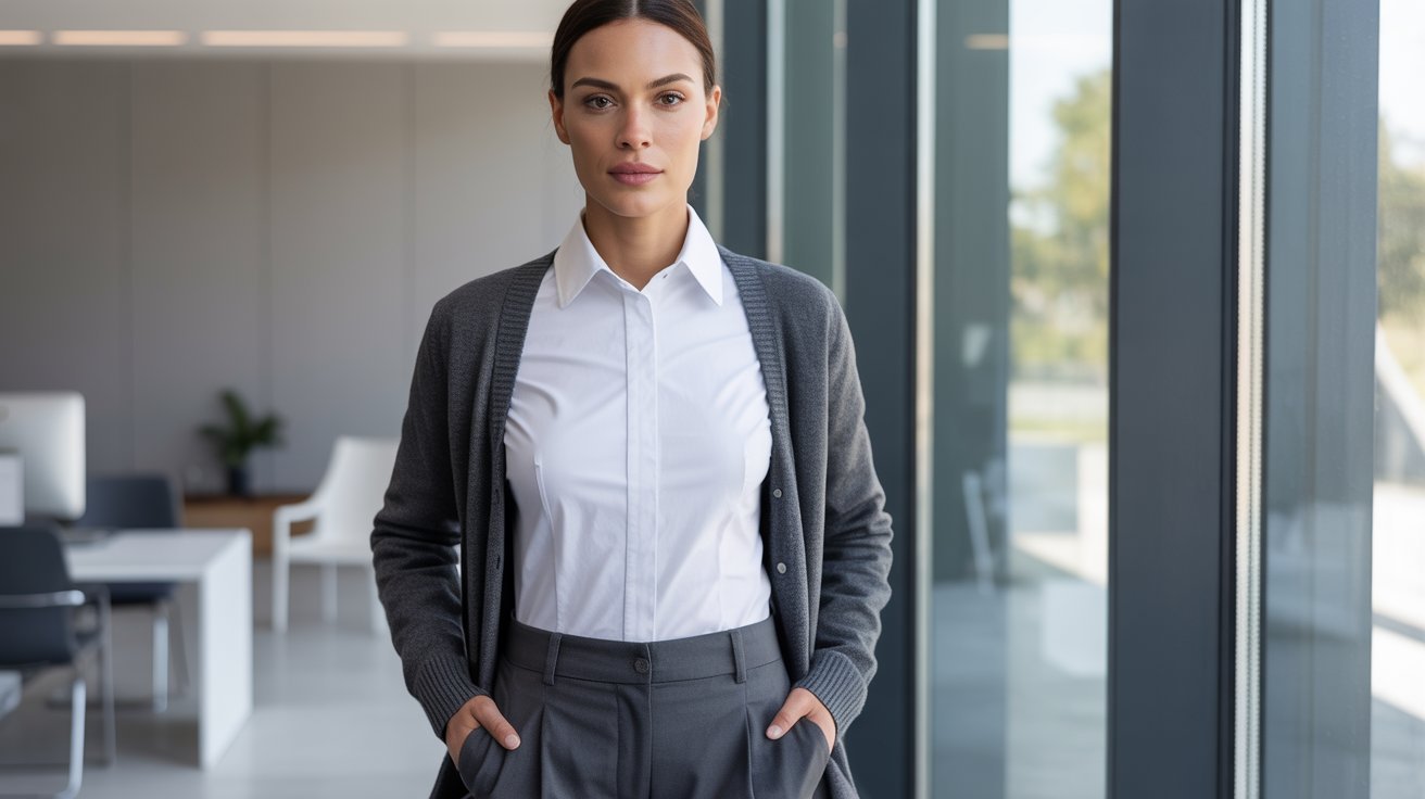 A woman in a business suit stands confidently in a modern office, surrounded by sleek furniture and large windows.