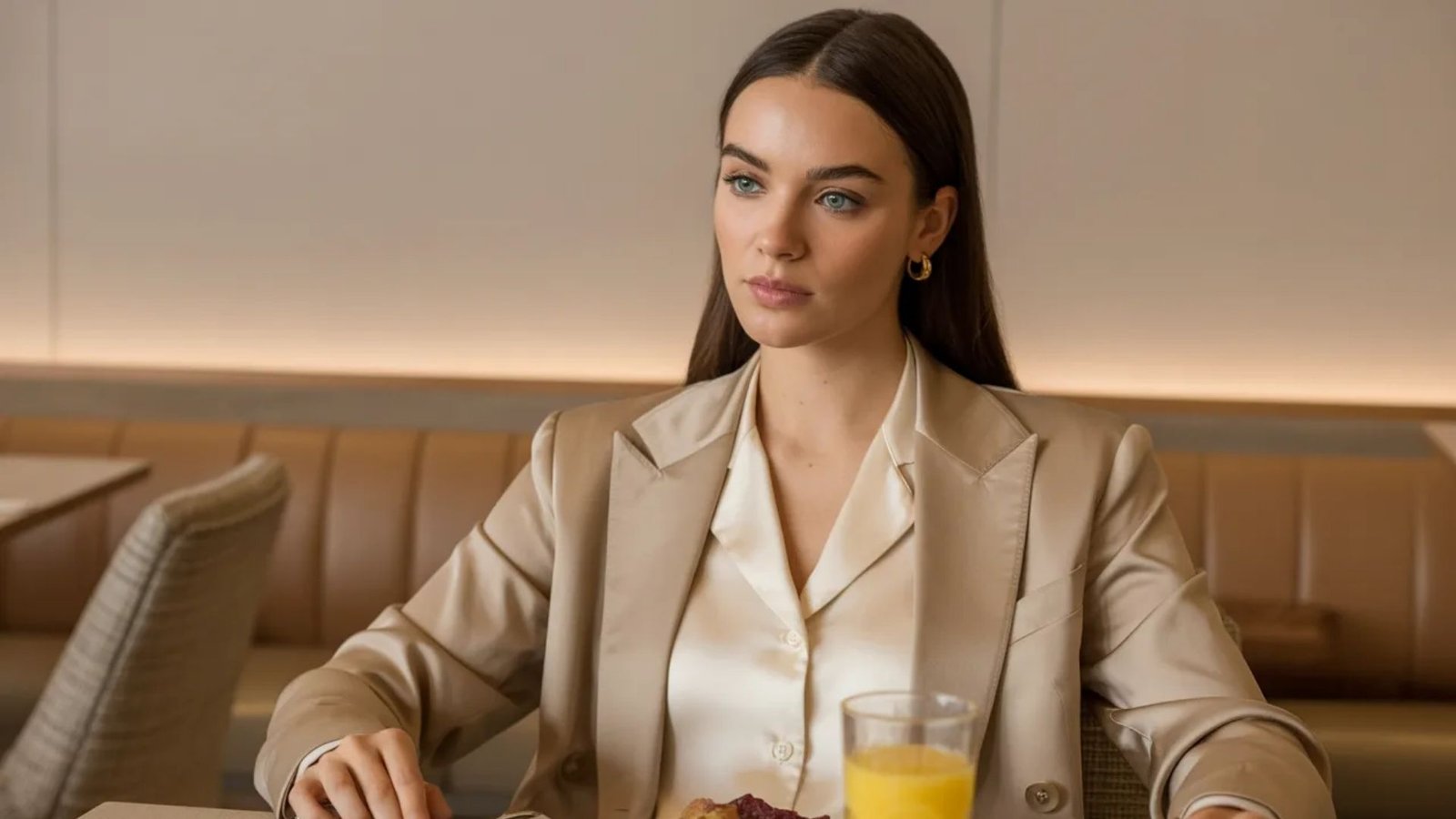 A woman sitting at a table, focused on a plate of food before her.