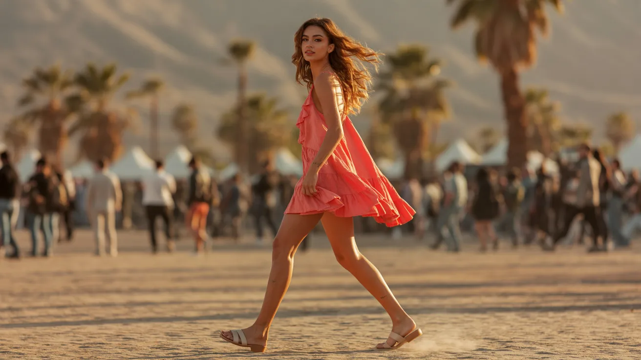 A woman in a pink dress strolls along the beach, with waves gently lapping at the shore in the background.