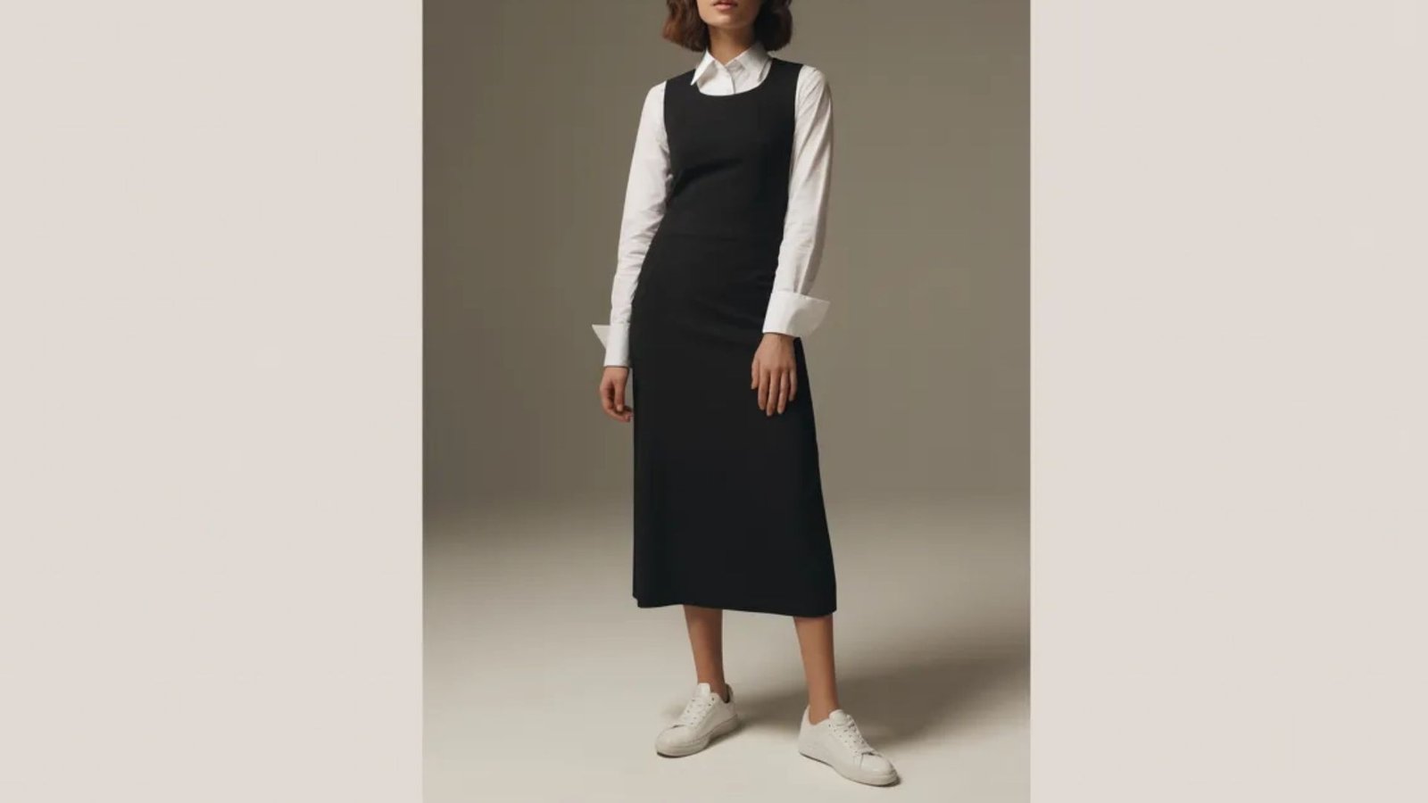 A woman in a black dress and white shirt, presenting a chic and polished look suitable for various occasions.