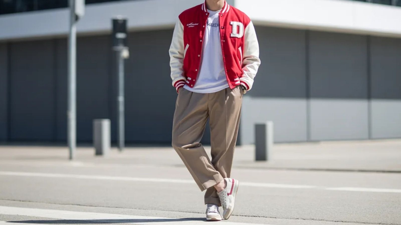 A man wearing a red jacket and white shirt stands on the street, looking towards the camera.