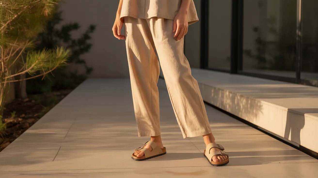  A model showcases a beige top paired with wide pants, highlighting a stylish and relaxed outfit.

