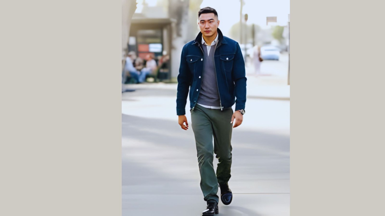 A man in a blue jacket and green pants walks down the street, surrounded by urban scenery.