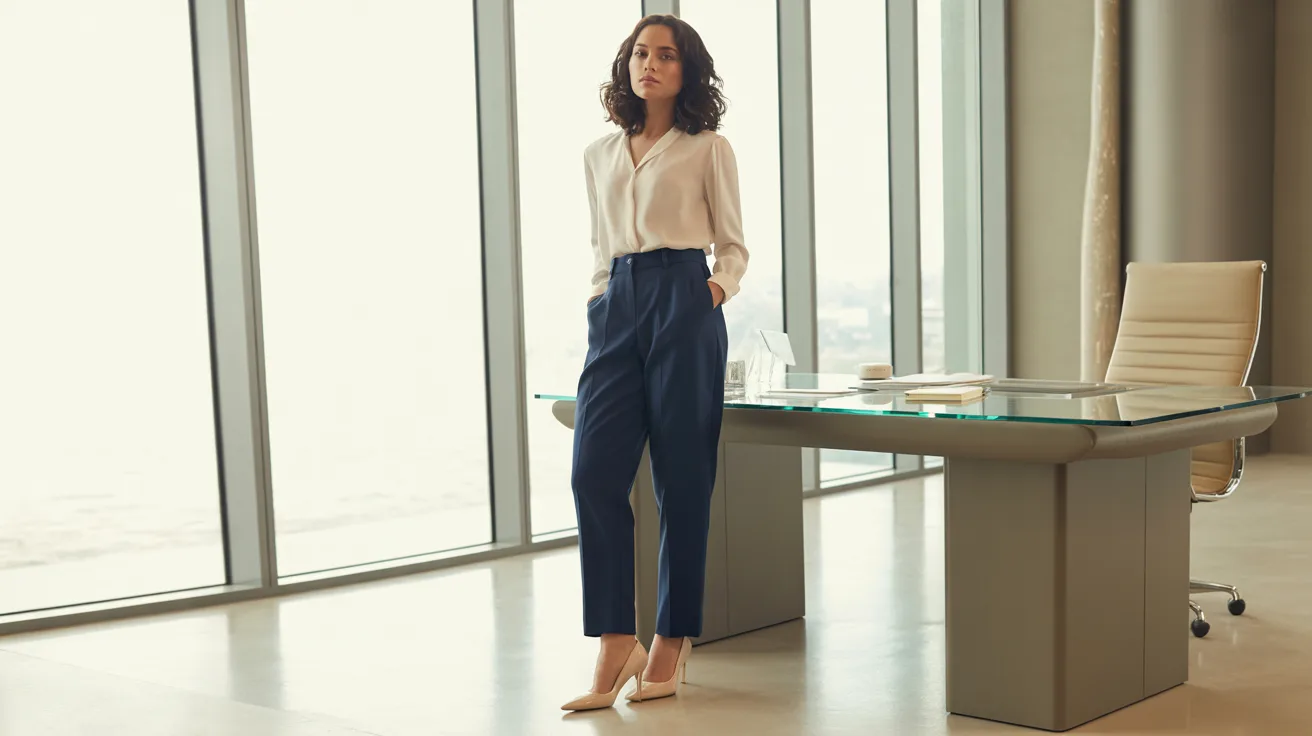  A woman in a white shirt and blue pants stands in front of a desk, looking confidently at the camera.