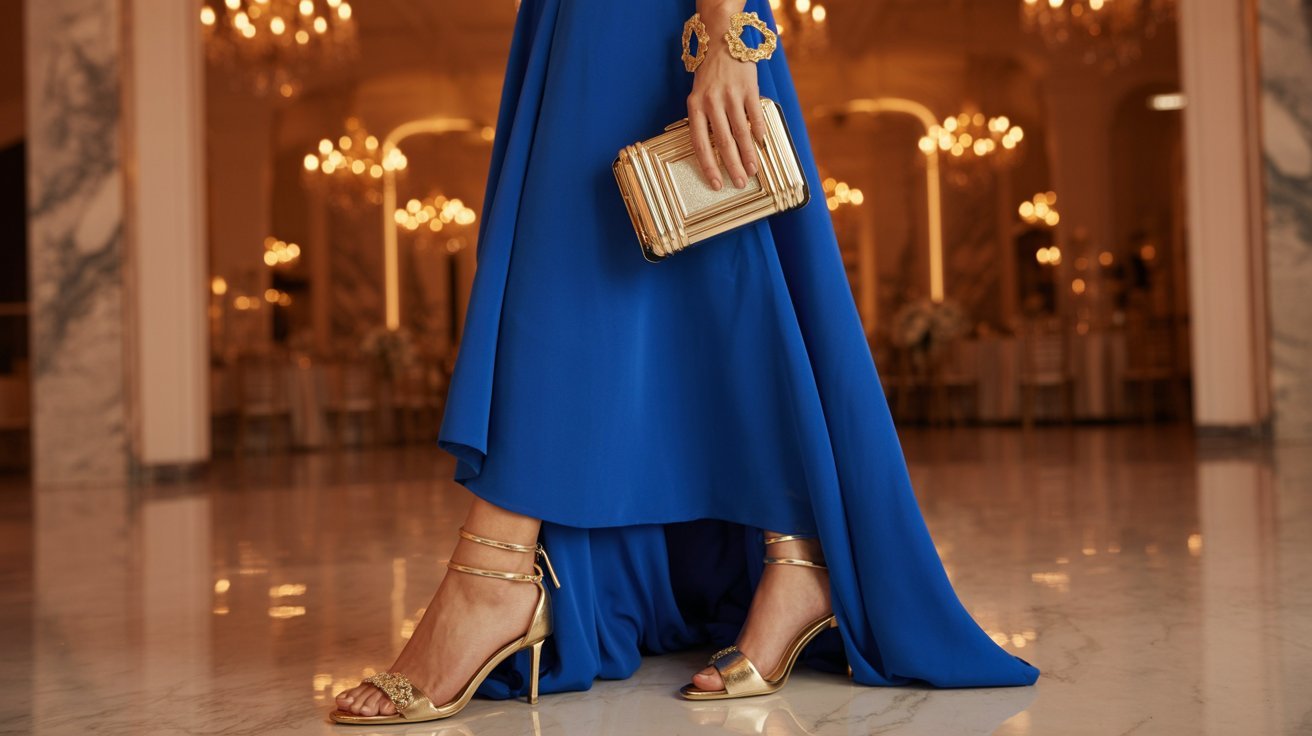 A woman wearing a blue dress and high heels stands confidently, showcasing her elegant style.