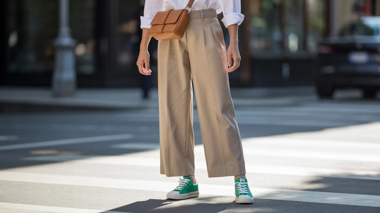 A woman in a white shirt and tan pants is crossing the street, looking to her left for oncoming traffic.