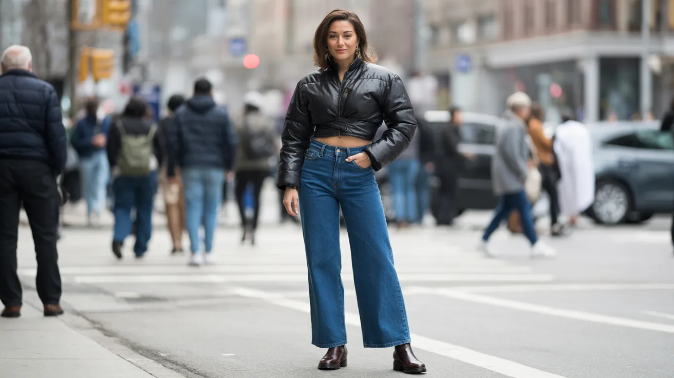 A woman in a black jacket and blue jeans stands on a bustling city street, surrounded by urban scenery.