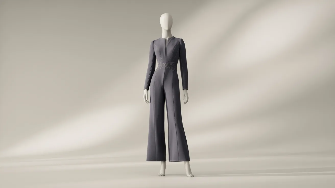 A mannequin dressed in a sleek grey jumpsuit, showcasing a modern fashion design.