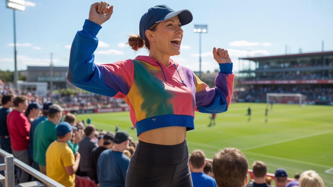 A woman in a vibrant top and pants cheers enthusiastically at a soccer game, showing her support for the team.
