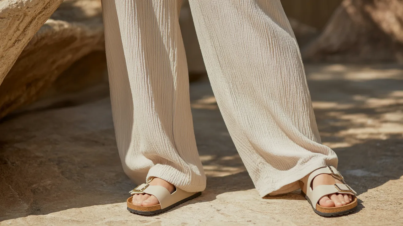 A woman in sandals and a white shirt stands confidently, showcasing a casual summer outfit.