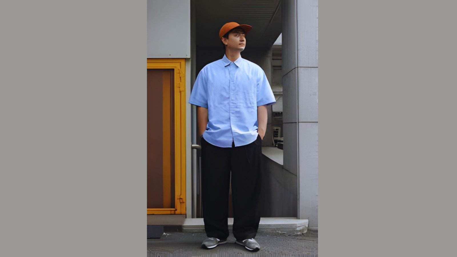 A man in a blue shirt and black pants stands in front of a building.