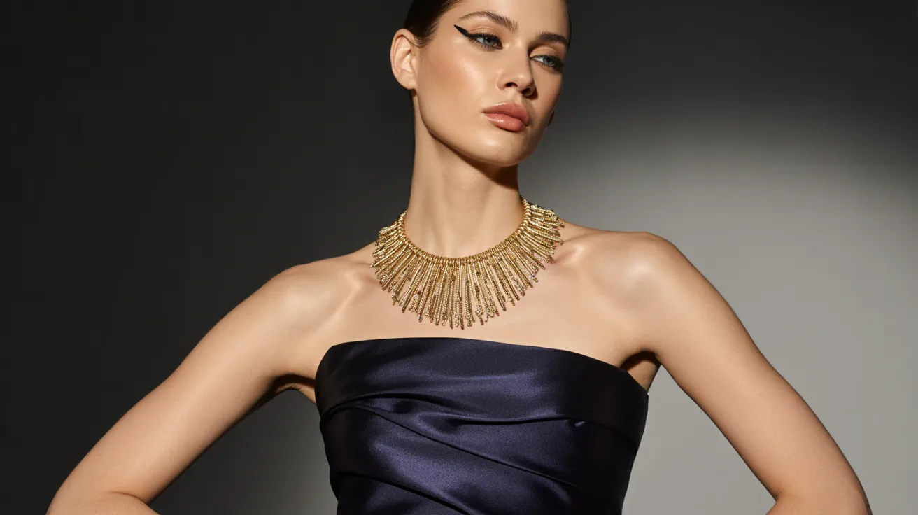 . A woman wearing a blue dress and a gold necklace, standing elegantly with a neutral background.
