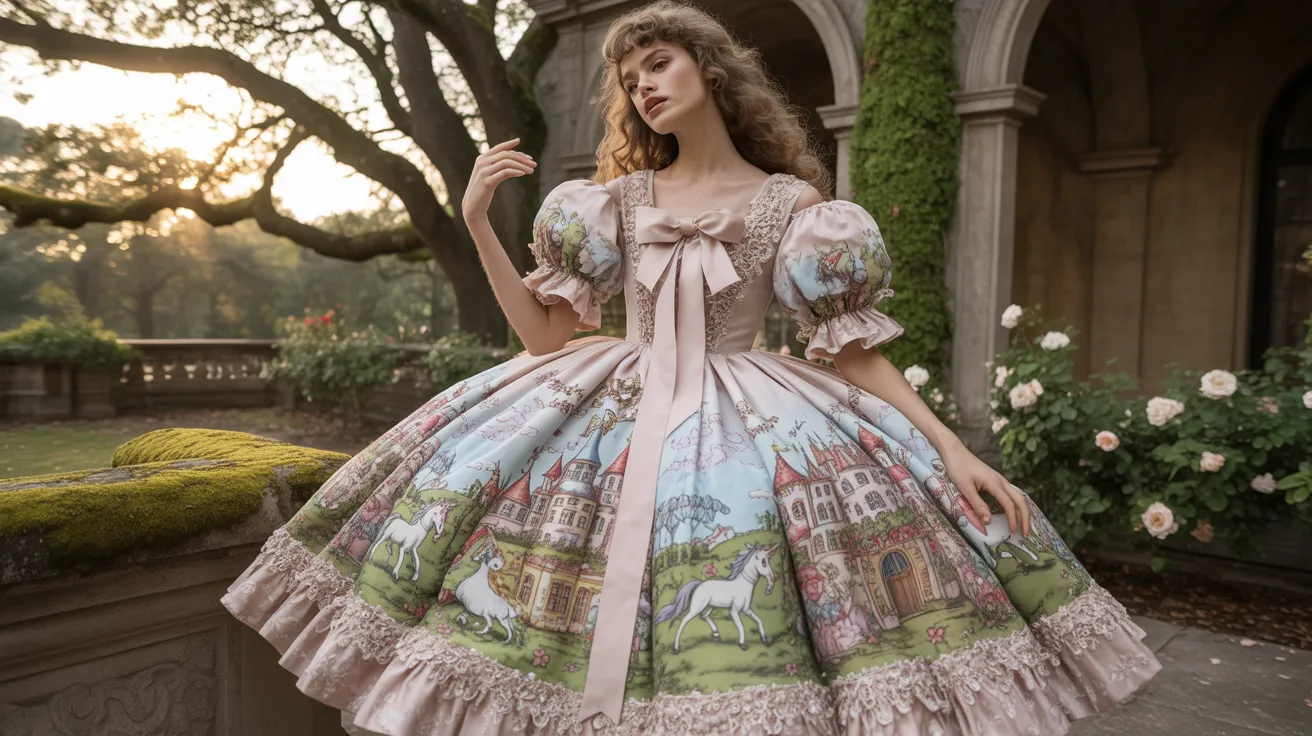 A woman wearing a dress featuring a detailed castle print, standing gracefully against a neutral background.