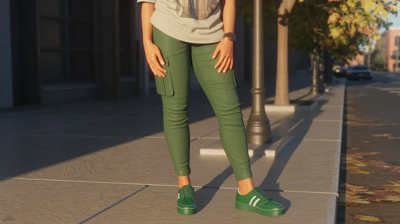 A woman wearing green pants and a white shirt stands confidently, showcasing a casual yet stylish outfit.
