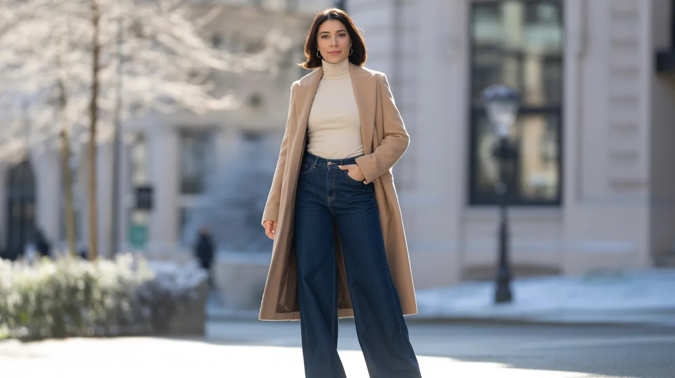 A woman wearing a long coat and wide pants stands confidently, showcasing her stylish outfit.