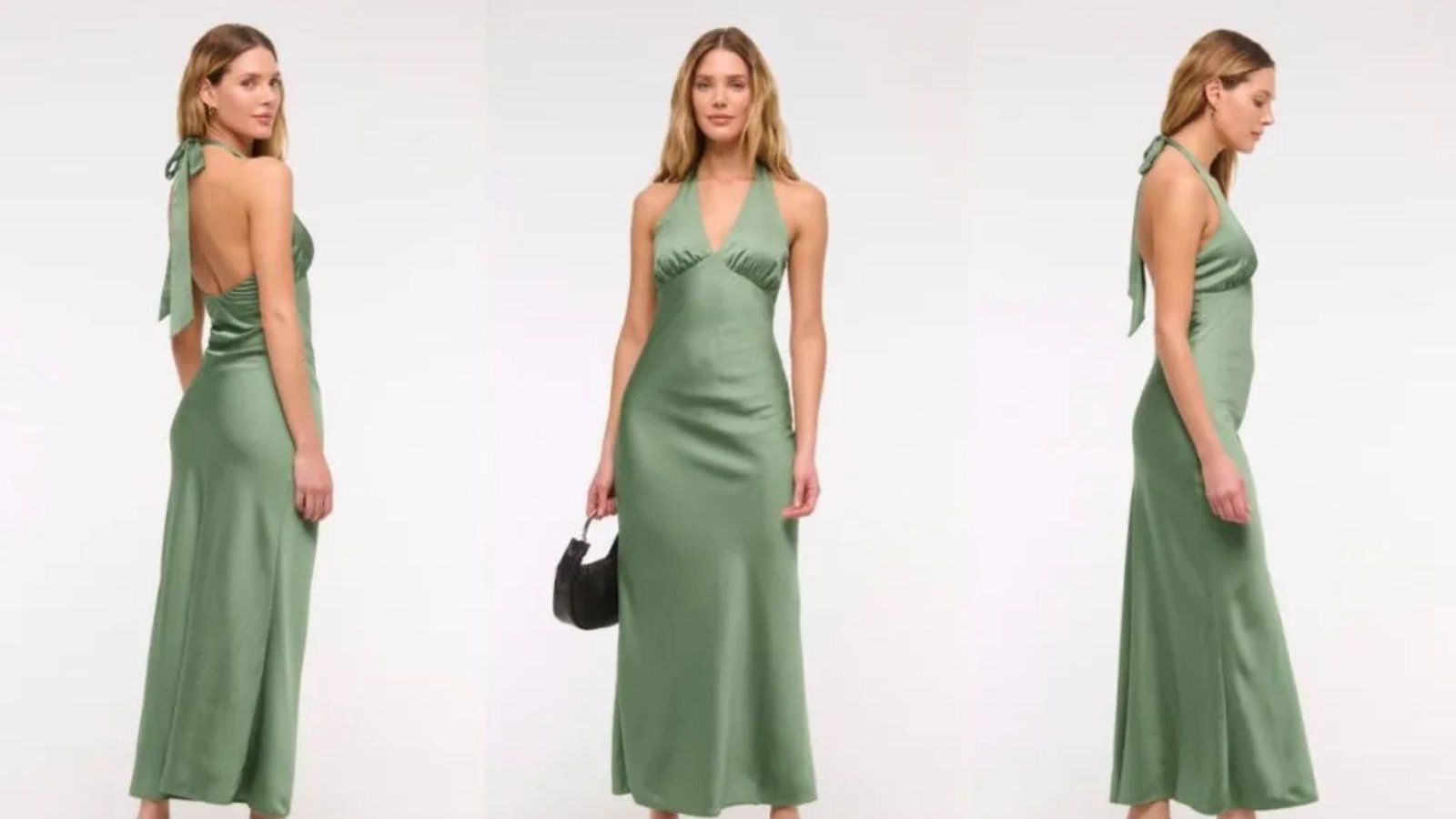 Three images of a woman wearing a green dress, showcasing different poses and expressions in each photo.
