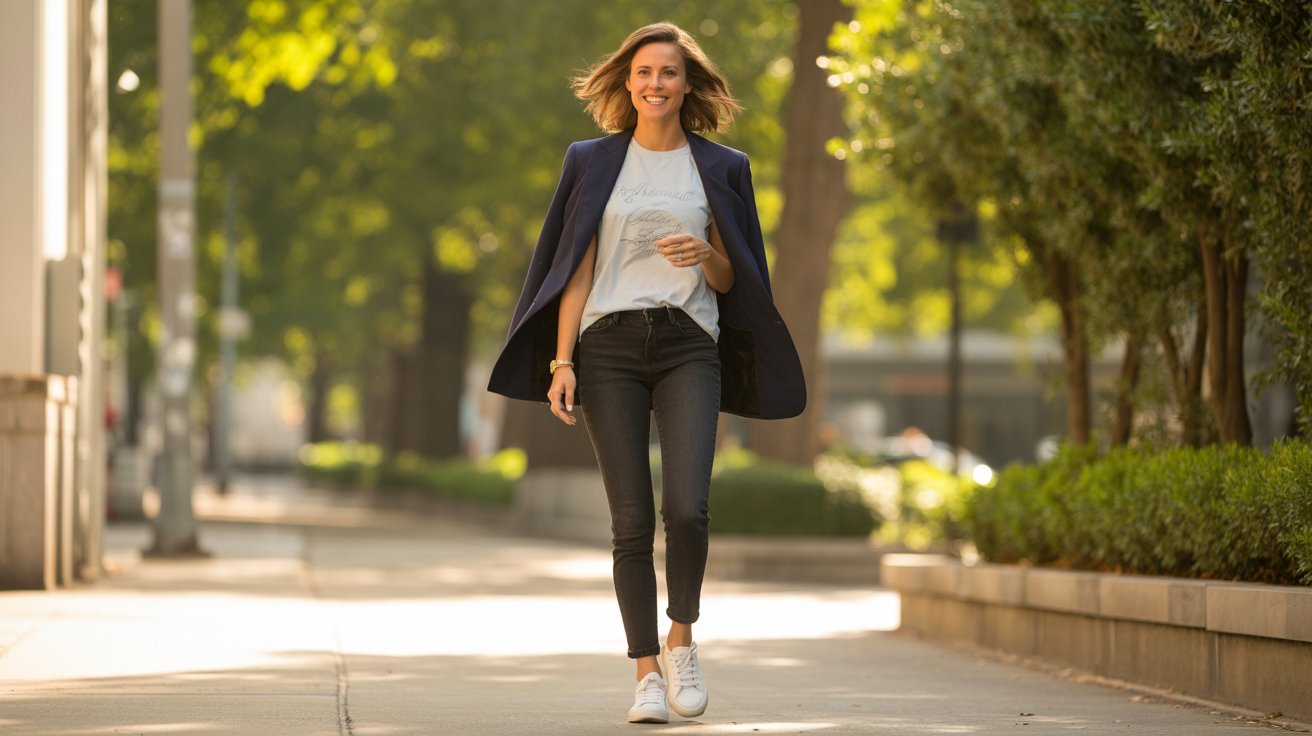 A woman in a white shirt and black pants walking along a city street, surrounded by buildings and greenery.