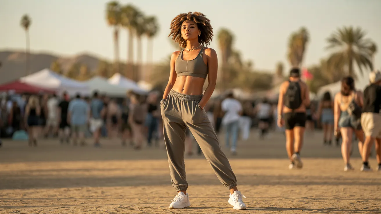 A woman in a grey top and sweatpants stands in a vast desert landscape under a clear blue sky.