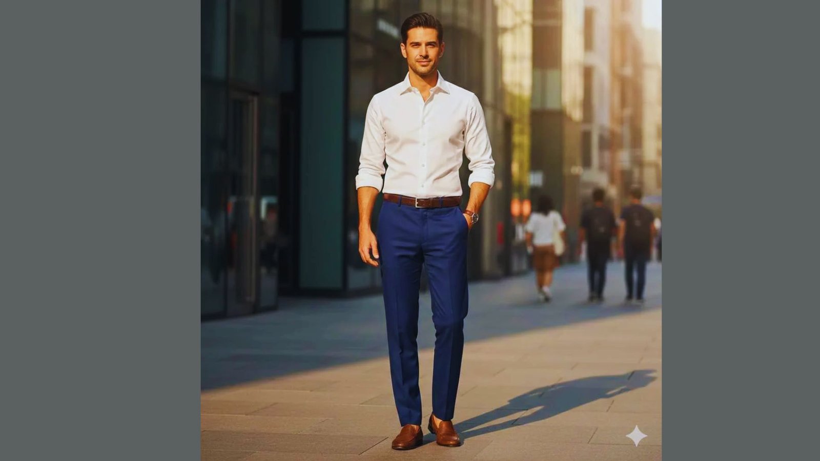 A man dressed in a white shirt and blue pants poses, reflecting a smart-casual style suitable for various occasions.