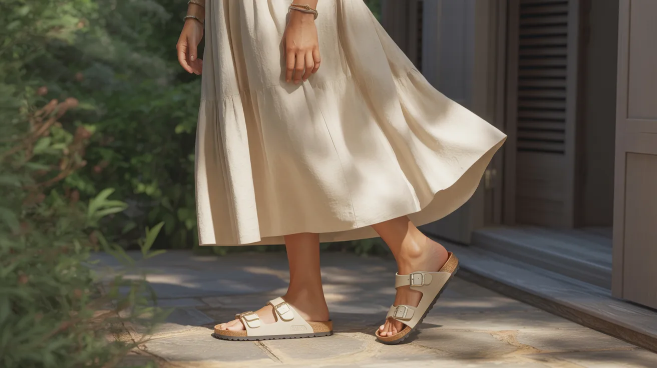 A woman wearing a white dress and sandals stands gracefully, showcasing a summer outfit.