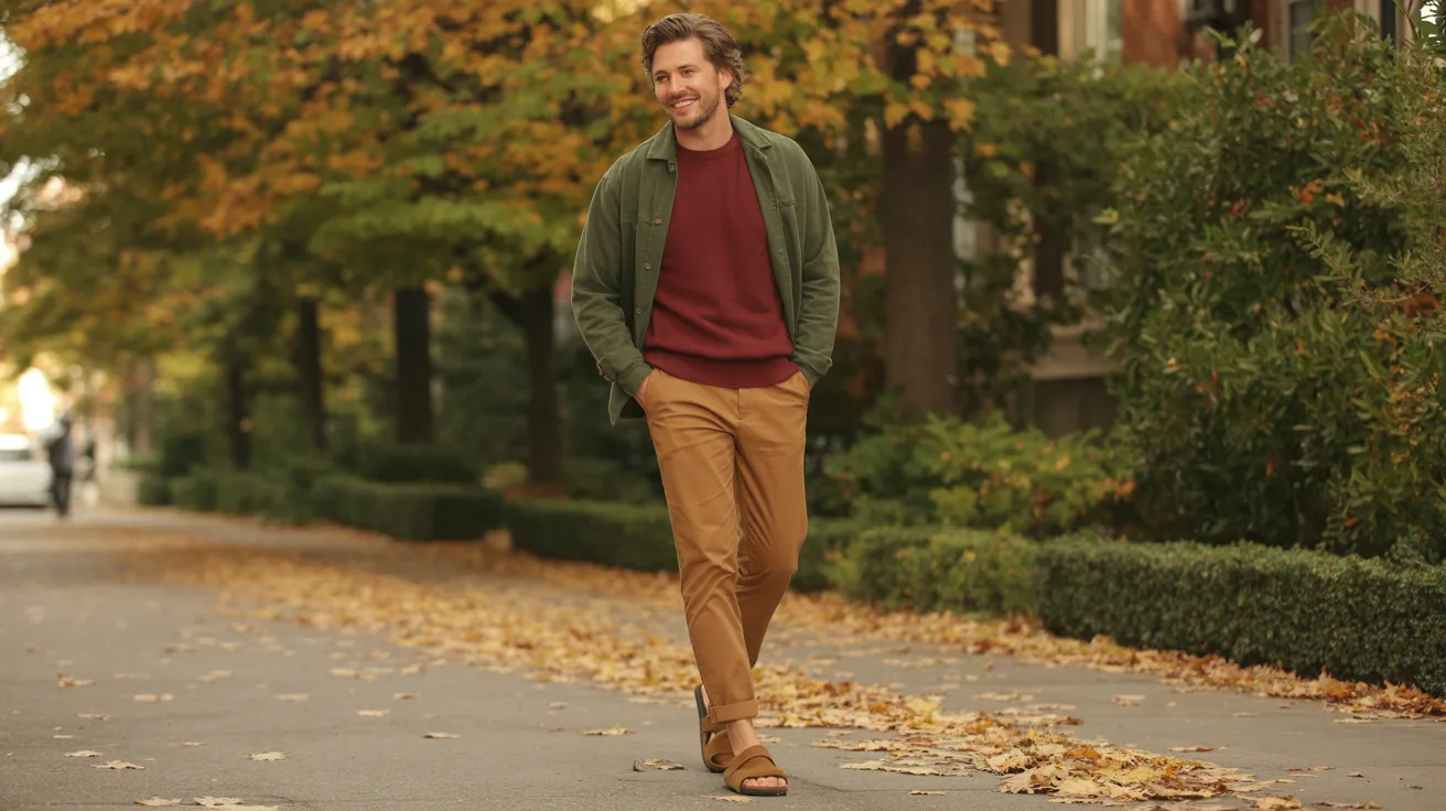 A man wearing a sweater and pants walks down a city street, surrounded by buildings and trees.