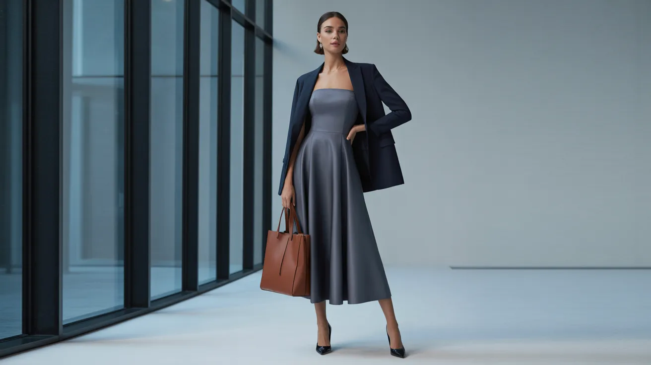  A woman in a grey dress and jacket stands alone in a spacious, empty room with neutral-colored walls.