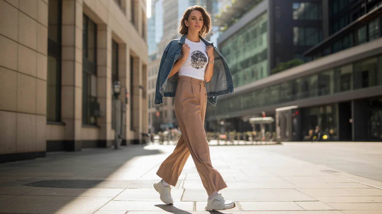 A woman strolls along a city street, wearing a denim jacket and white sneakers.