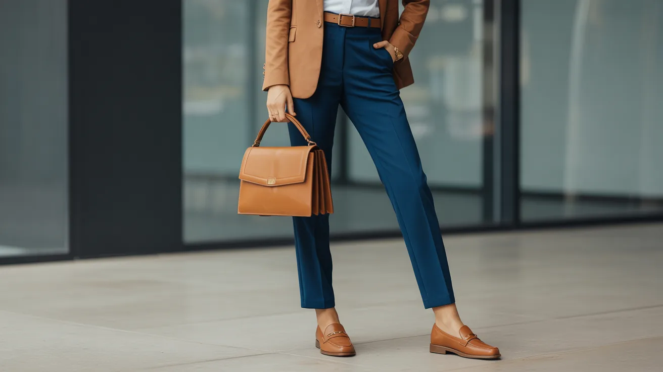  Woman in blue pants and brown shoes, holding a brown bag, standing outdoors.