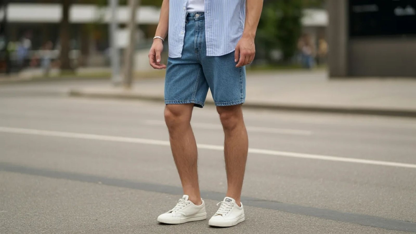A man wearing a blue shirt and denim shorts stands on the street, looking casually at the surroundings.