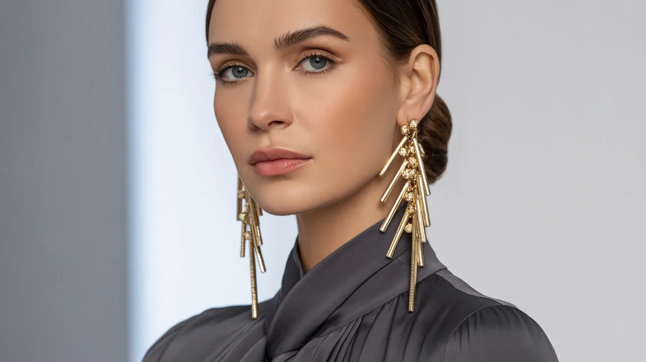 A woman showcases a gold earring featuring long, elegant tassels that hang gracefully.