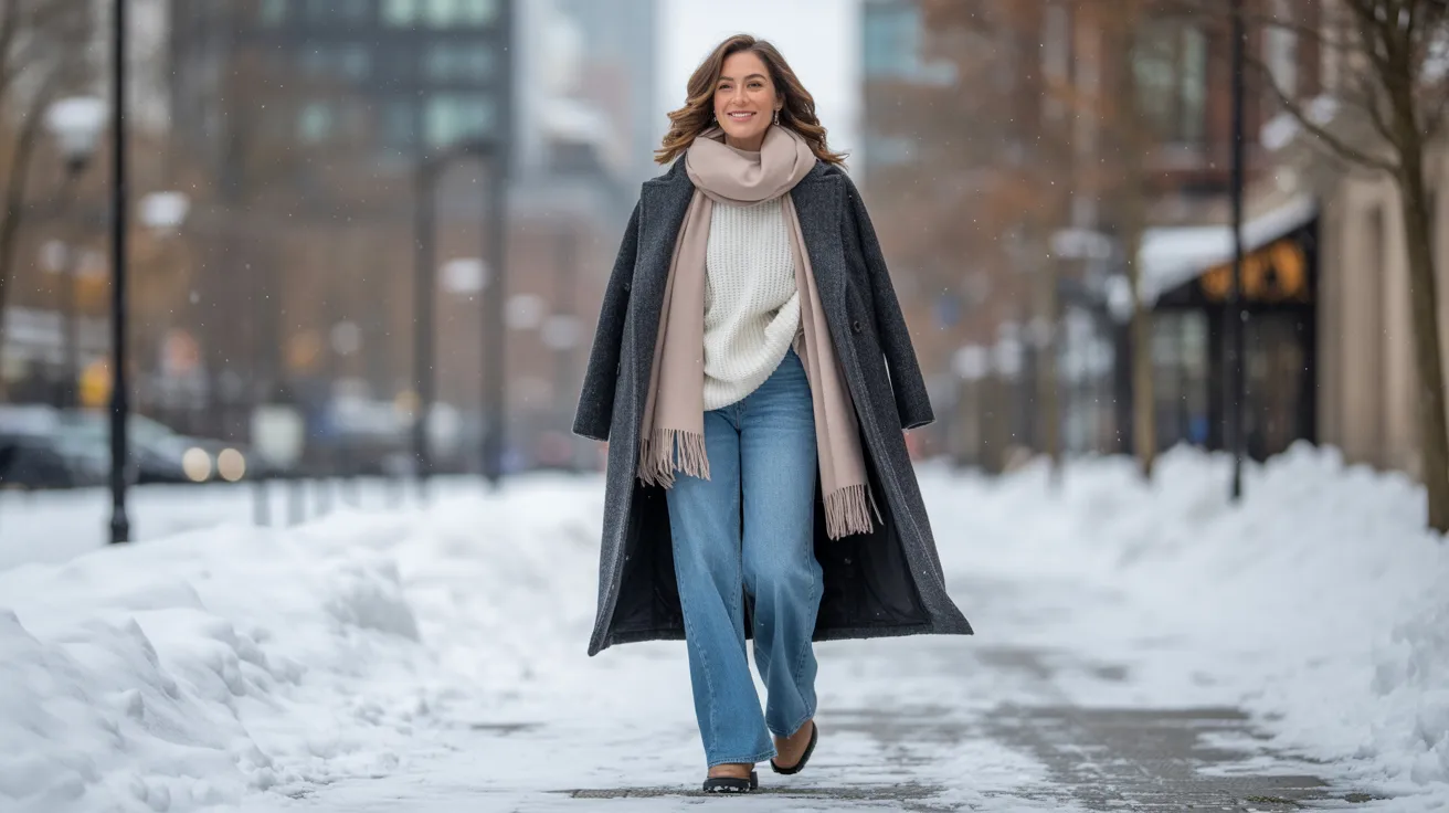 A woman wearing jeans and a coat walks through the snow, leaving footprints behind her in the white landscape.