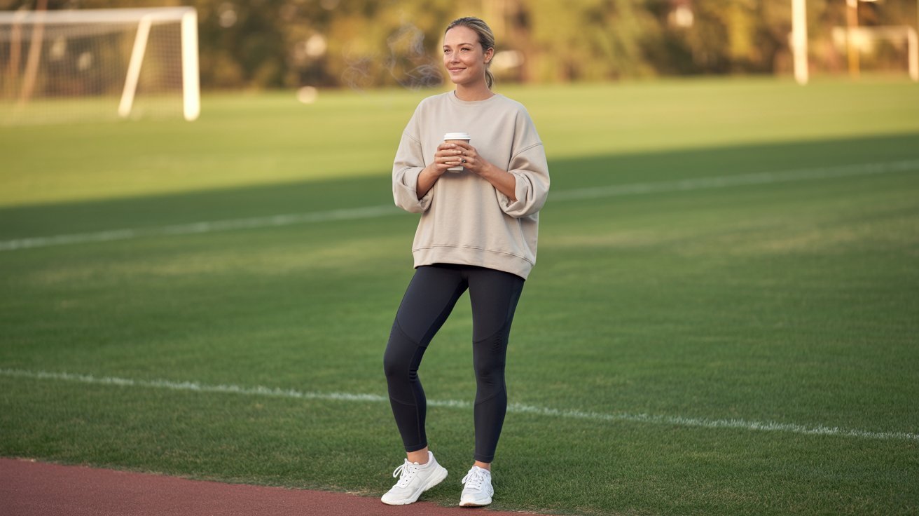 woman wearing a sweatshirt and leggings stands confidently on a soccer field, ready for practice or a game.