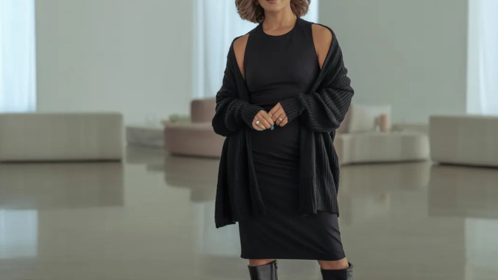 A woman wearing a black dress and boots stands confidently, showcasing her stylish outfit.