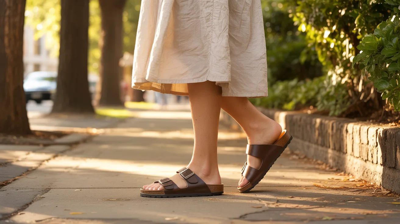 A woman is seen on a sidewalk, dressed casually and wearing brown sandals, with a clear view of her footwear.
