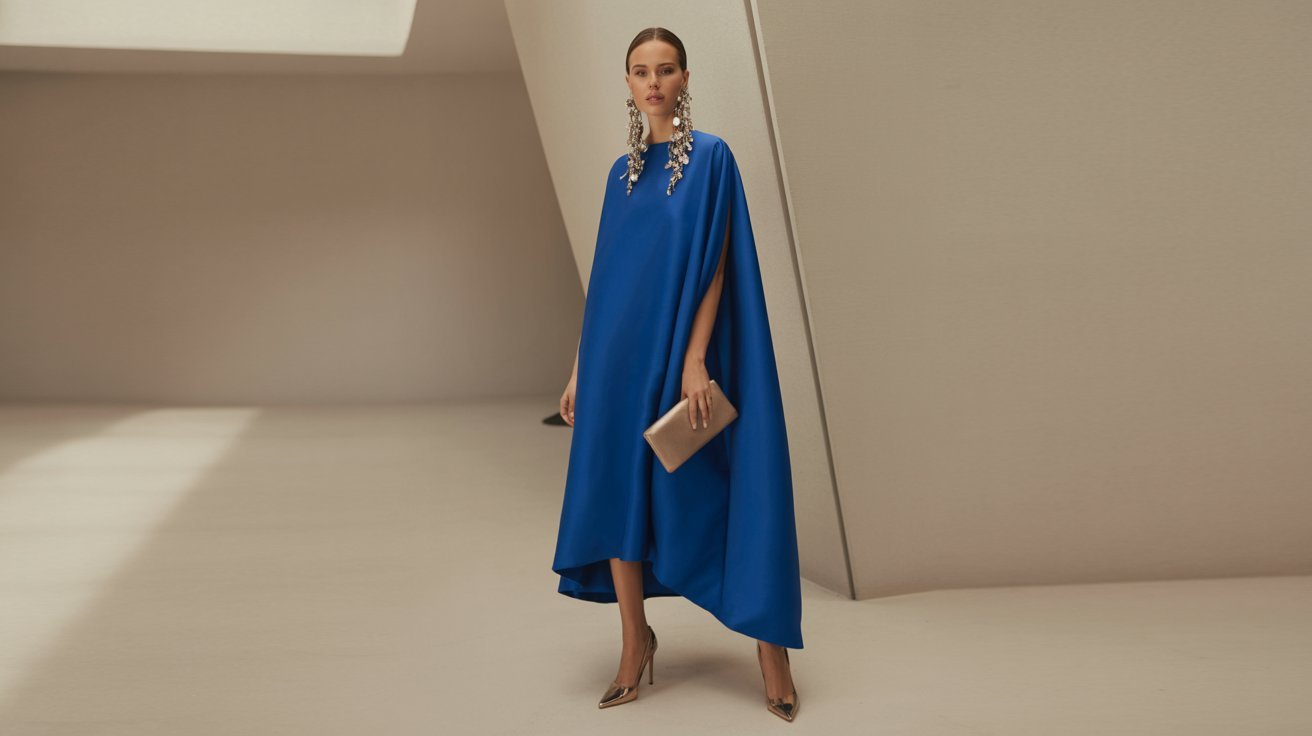 A woman wearing a blue dress and heels stands confidently, showcasing her elegant style.