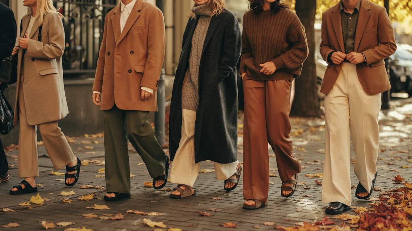 Five women walking together down a tree-lined street, surrounded by colorful autumn leaves.