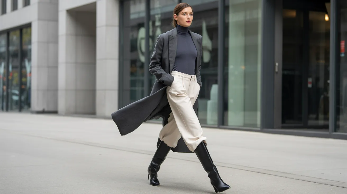 A woman in a grey sweater and black boots walking along a city street.