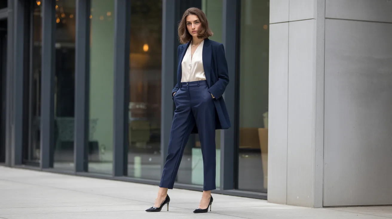 A woman in a professional suit and heels stands confidently on a sidewalk, showcasing a poised and stylish appearance.