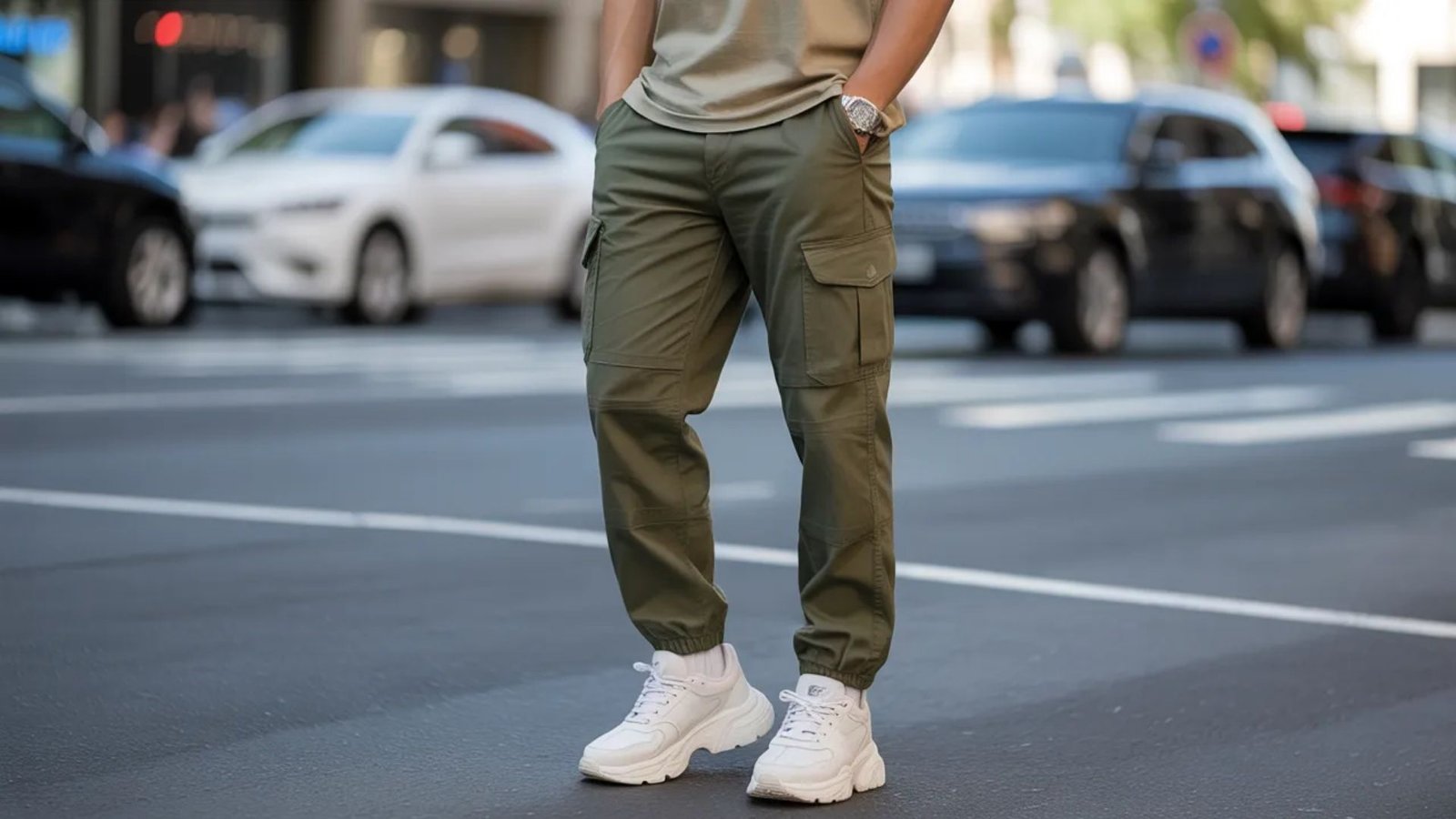 A man wearing green pants and white sneakers stands on a street, looking ahead with a neutral expression.
