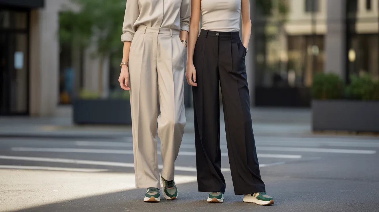 Two women stand on a street, both wearing stylish wide pants, showcasing a casual urban fashion look.